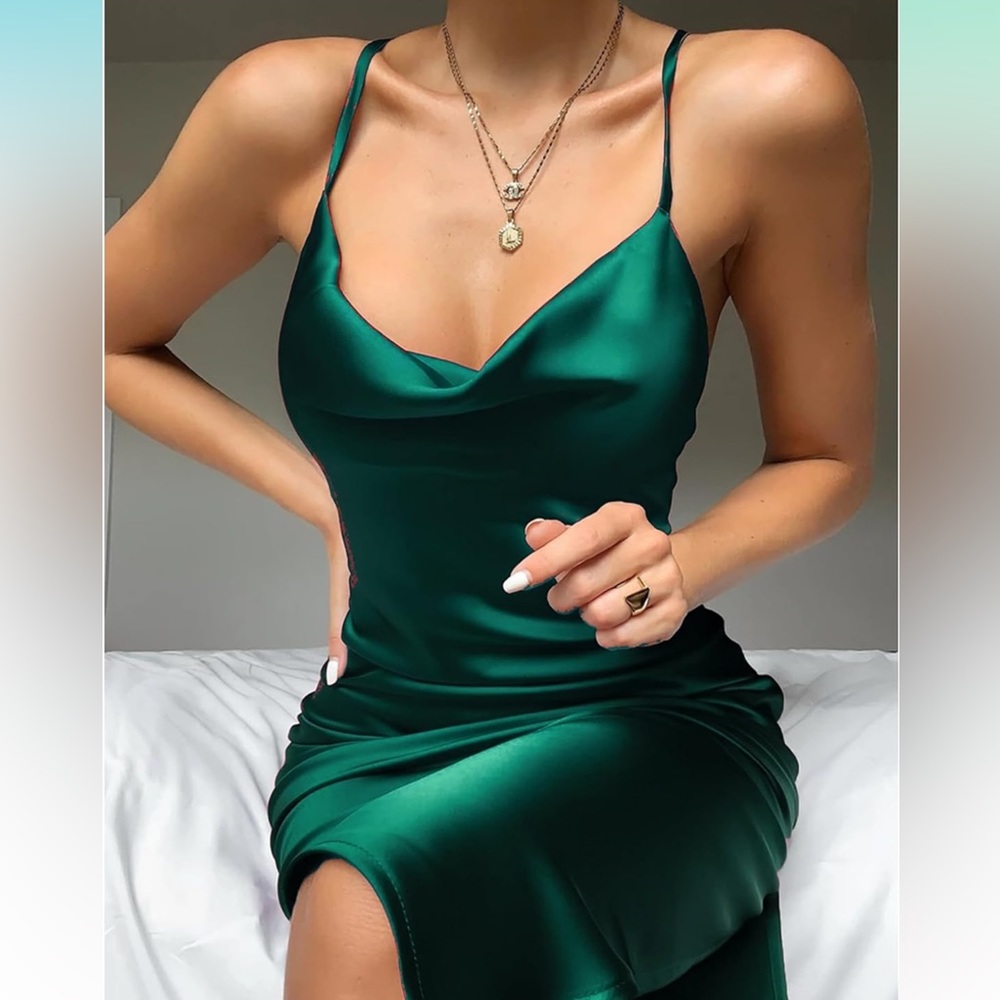 Women's Emerald Green Satin Cowl Neck Cocktail Midi Dress size Medium